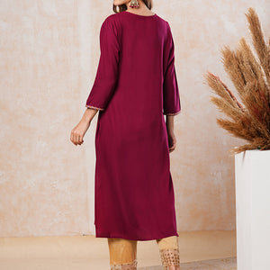 Ethnic Embroidered Solid Straight Fit Kurta - Maroon