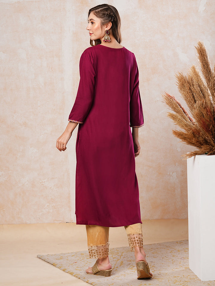 Ethnic Embroidered Solid Straight Fit Kurta - Maroon