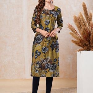 Floral Printed Straight Fit Kurta - Mustard Green