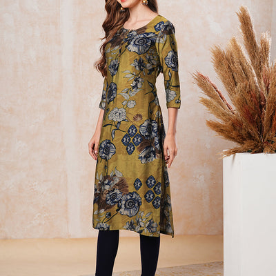 Floral Printed Straight Fit Kurta - Mustard Green