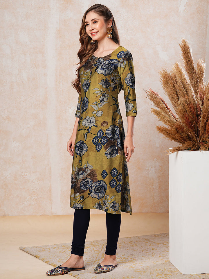 Floral Printed Straight Fit Kurta - Mustard Green