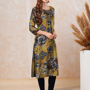 Floral Printed Straight Fit Kurta - Mustard Green