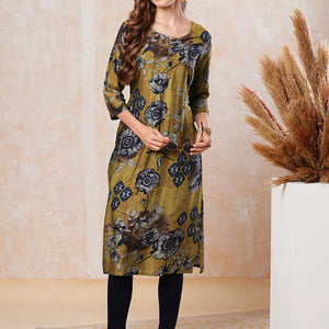 Floral Printed Straight Fit Kurta - Mustard Green