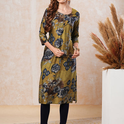 Floral Printed Straight Fit Kurta - Mustard Green