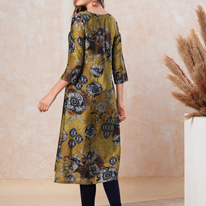 Floral Printed Straight Fit Kurta - Mustard Green
