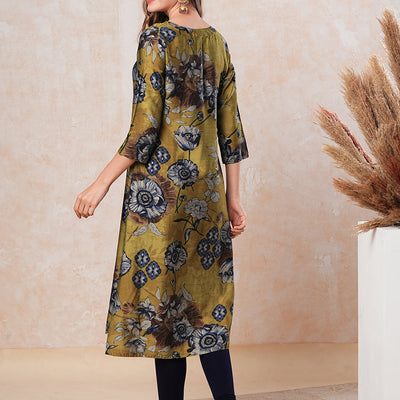 Floral Printed Straight Fit Kurta - Mustard Green