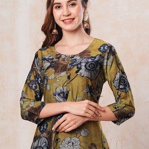 Floral Printed Straight Fit Kurta - Mustard Green