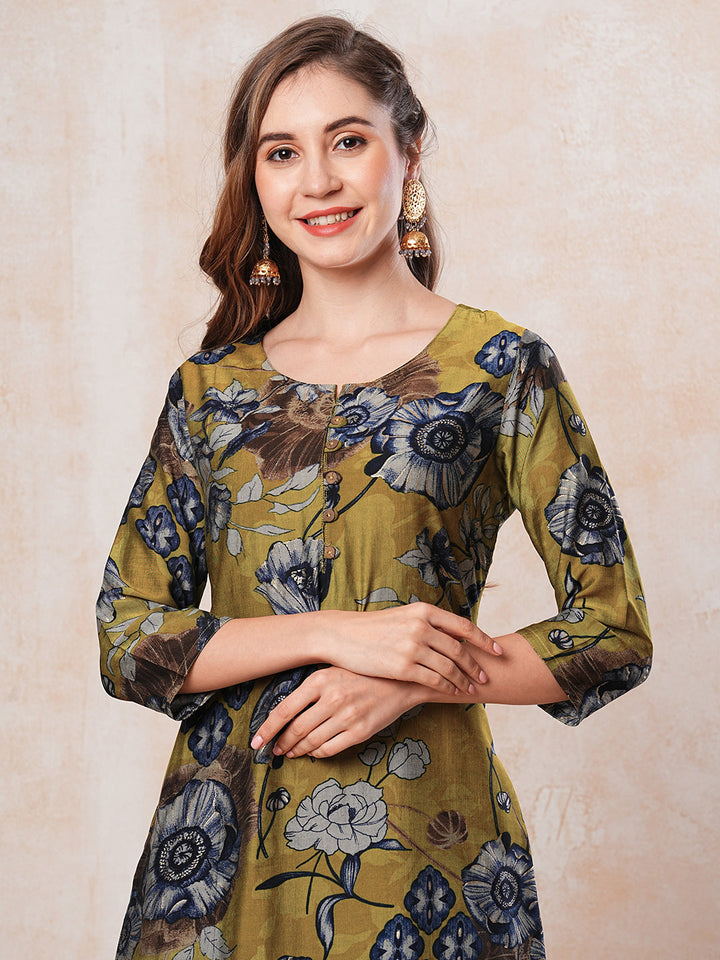 Floral Printed Straight Fit Kurta - Mustard Green