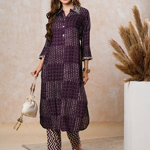 Abstract Printed Zari & Resham Embroidered Kurta with Pants - Dark Purple