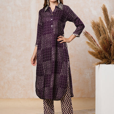 Abstract Printed Zari & Resham Embroidered Kurta with Pants - Dark Purple