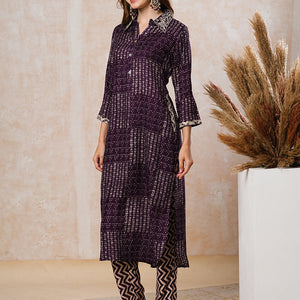 Abstract Printed Zari & Resham Embroidered Kurta with Pants - Dark Purple