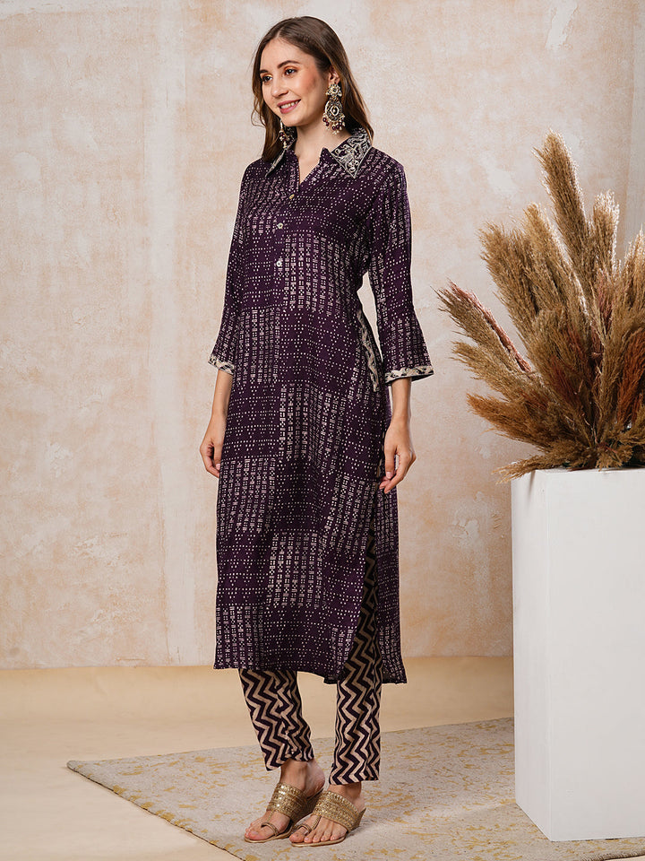 Abstract Printed Zari & Resham Embroidered Kurta with Pants - Dark Purple