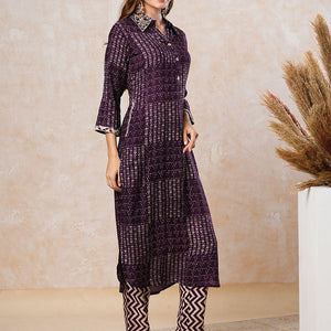 Abstract Printed Zari & Resham Embroidered Kurta with Pants - Dark Purple