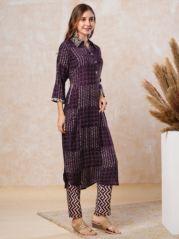 Abstract Printed Zari & Resham Embroidered Kurta with Pants - Dark Purple