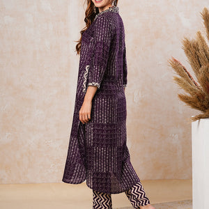 Abstract Printed Zari & Resham Embroidered Kurta with Pants - Dark Purple