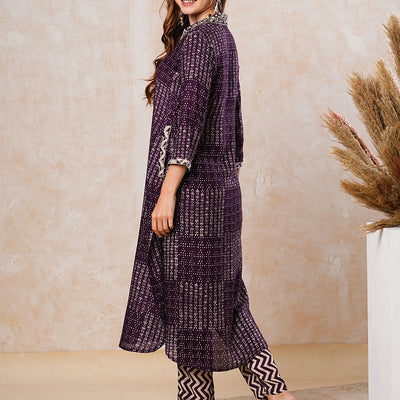 Abstract Printed Zari & Resham Embroidered Kurta with Pants - Dark Purple