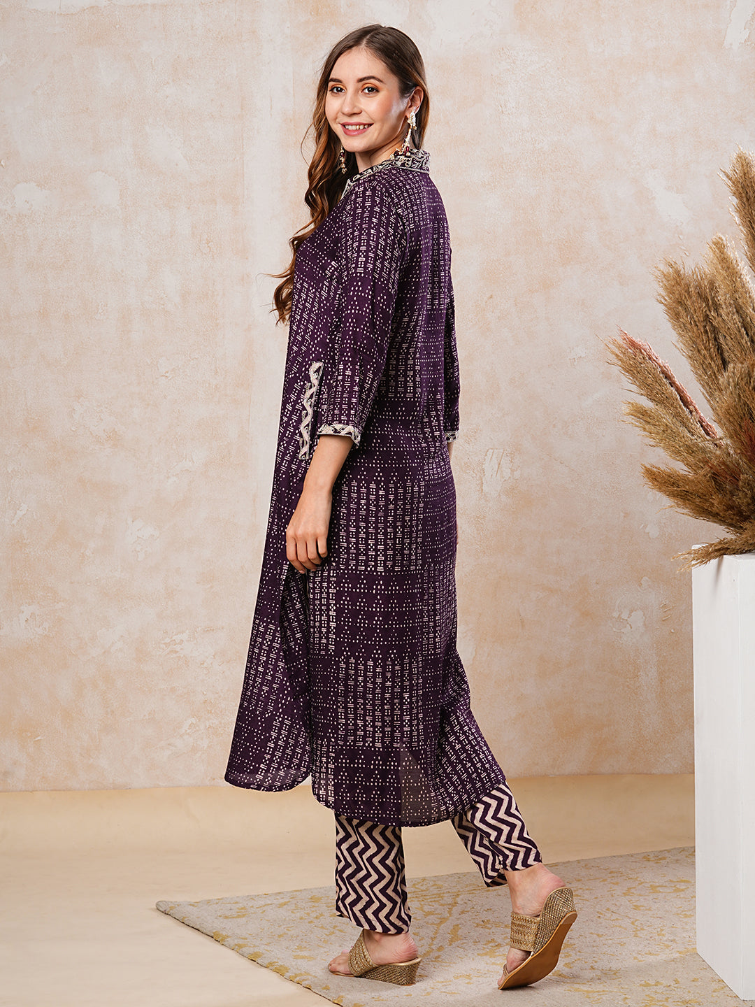 Abstract Printed Zari & Resham Embroidered Kurta with Pants - Dark Purple