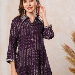 Abstract Printed Zari & Resham Embroidered Kurta with Pants - Dark Purple