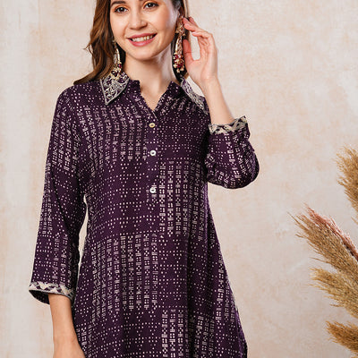 Abstract Printed Zari & Resham Embroidered Kurta with Pants - Dark Purple