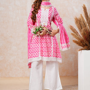 Abstract Printed Crochet Lace Work A-line Short Kurta with Palazzo & Dupatta - Pink