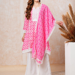 Abstract Printed Crochet Lace Work A-line Short Kurta with Palazzo & Dupatta - Pink
