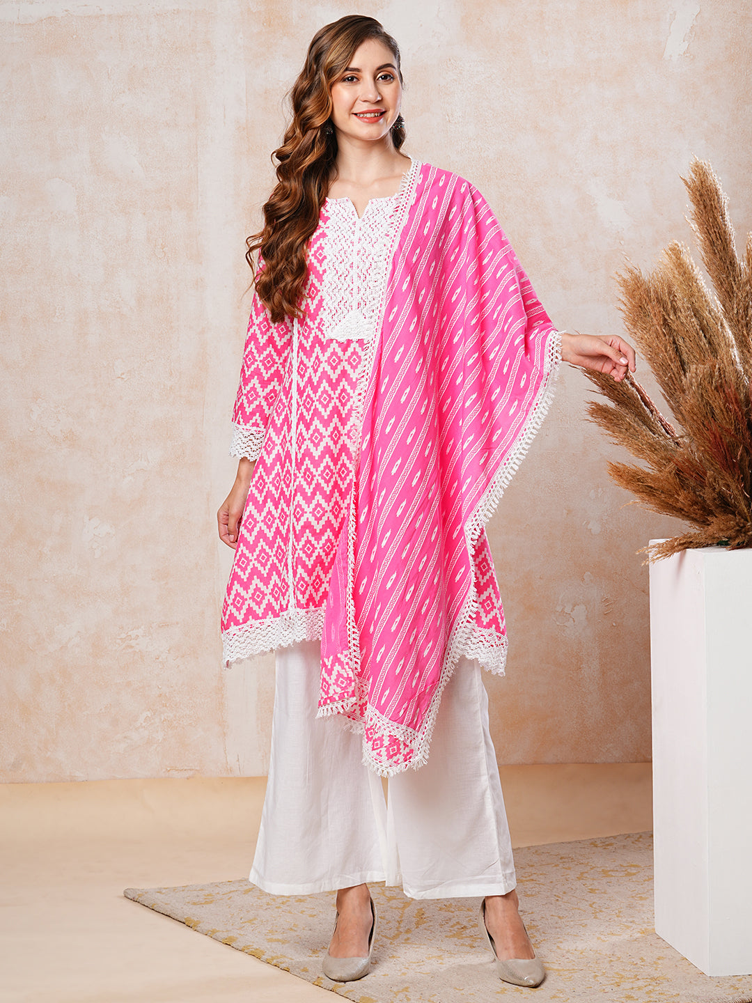 Abstract Printed Crochet Lace Work A-line Short Kurta with Palazzo & Dupatta - Pink