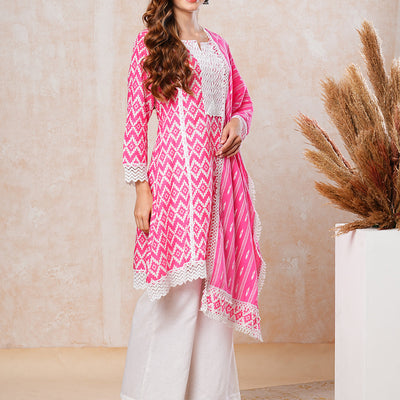 Abstract Printed Crochet Lace Work A-line Short Kurta with Palazzo & Dupatta - Pink