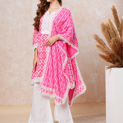 Abstract Printed Crochet Lace Work A-line Short Kurta with Palazzo & Dupatta - Pink