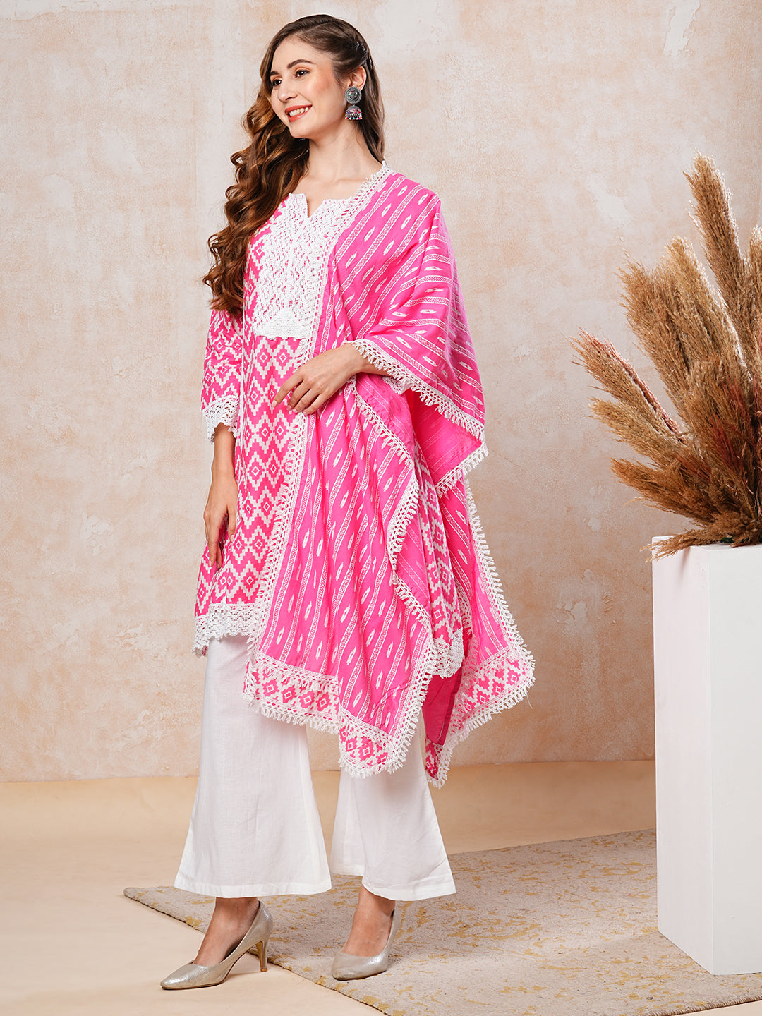 Abstract Printed Crochet Lace Work A-line Short Kurta with Palazzo & Dupatta - Pink