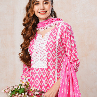 Abstract Printed Crochet Lace Work A-line Short Kurta with Palazzo & Dupatta - Pink