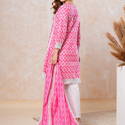 Abstract Printed Crochet Lace Work A-line Short Kurta with Palazzo & Dupatta - Pink