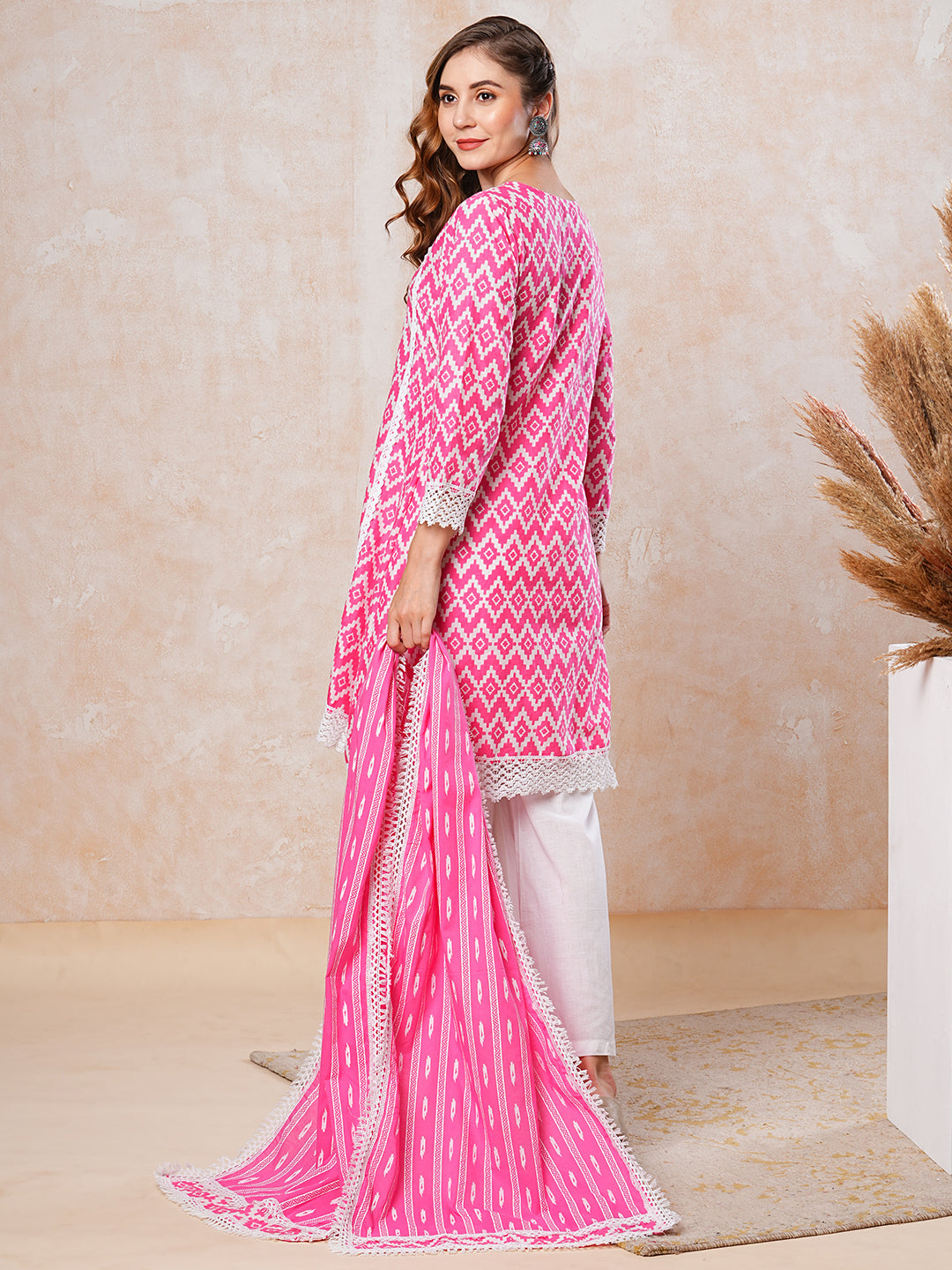 Abstract Printed Crochet Lace Work A-line Short Kurta with Palazzo & Dupatta - Pink