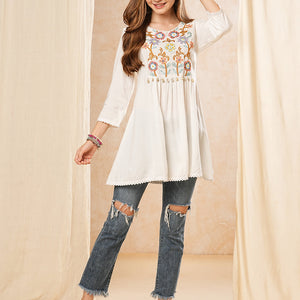 Solid Neon Floral Thread & Bead Embroidered A-Line Pleated Kurti - White