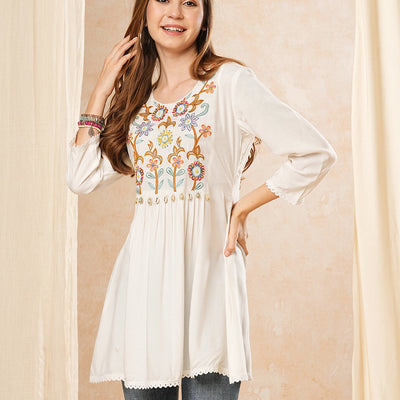 Solid Neon Floral Thread & Bead Embroidered A-Line Pleated Kurti - White