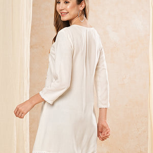 Solid Neon Floral Thread & Bead Embroidered A-Line Pleated Kurti - White