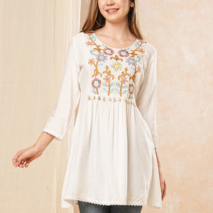 Solid Neon Floral Thread & Bead Embroidered A-Line Pleated Kurti - White
