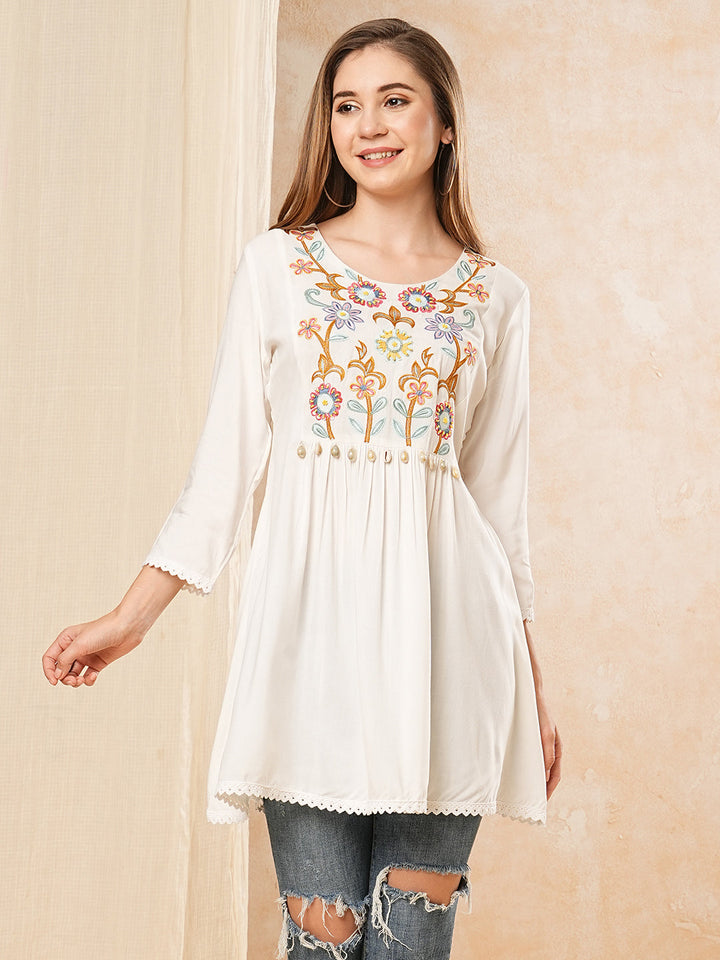 Solid Neon Floral Thread & Bead Embroidered A-Line Pleated Kurti - White