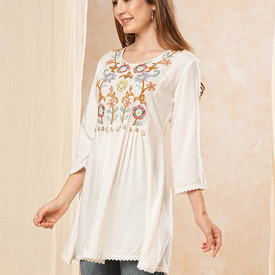 Solid Neon Floral Thread & Bead Embroidered A-Line Pleated Kurti - White