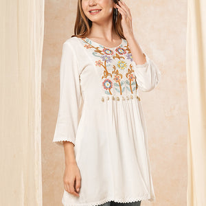 Solid Neon Floral Thread & Bead Embroidered A-Line Pleated Kurti - White