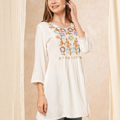 Solid Neon Floral Thread & Bead Embroidered A-Line Pleated Kurti - White