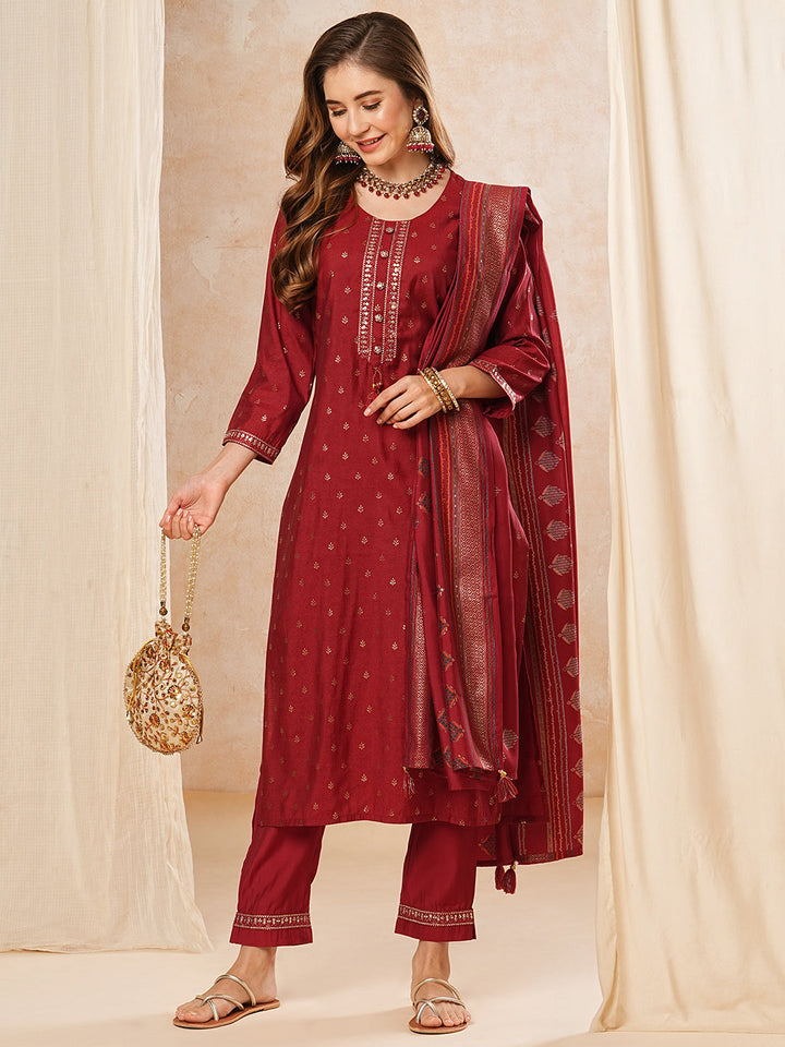 Ethnic Printed Zari & Sequins Embroidered Kurta with Pants & Dupatta - Red