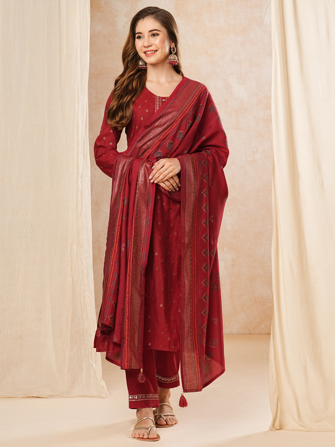 Ethnic Printed Zari & Sequins Embroidered Kurta with Pants & Dupatta - Red