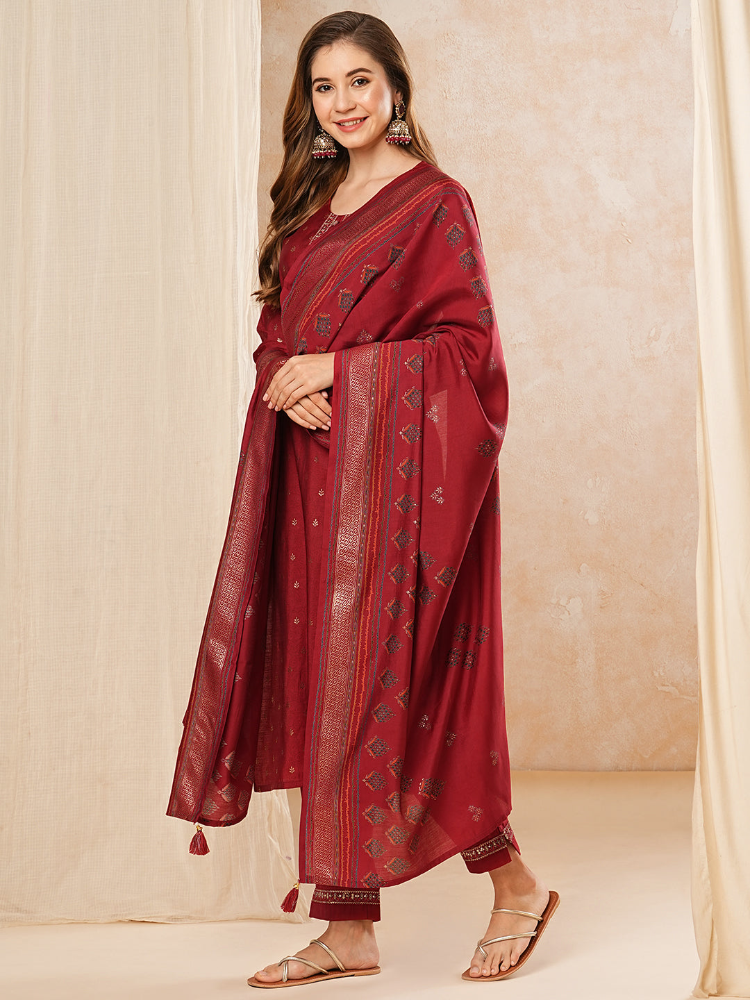 Ethnic Printed Zari & Sequins Embroidered Kurta with Pants & Dupatta - Red