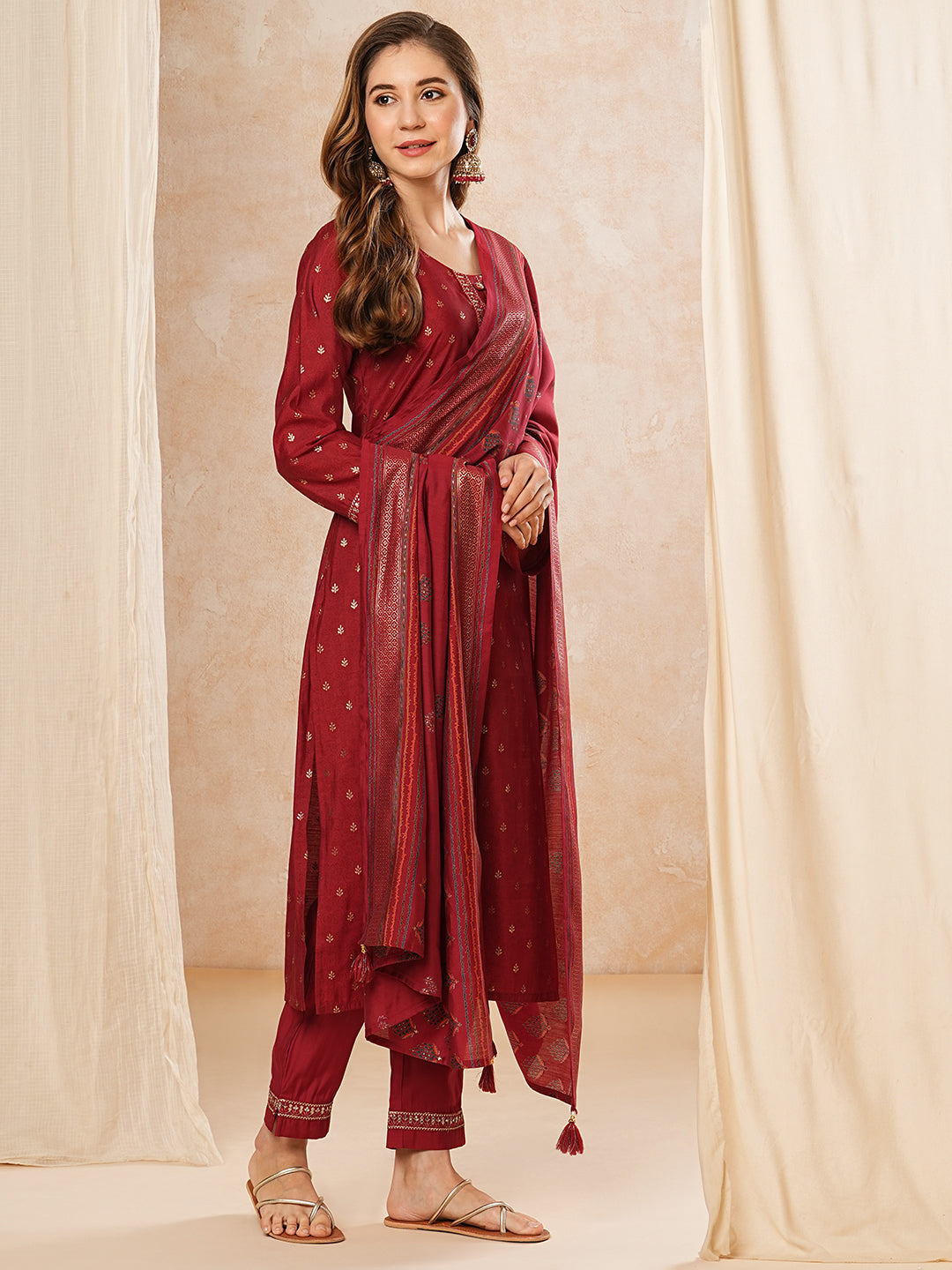 Ethnic Printed Zari & Sequins Embroidered Kurta with Pants & Dupatta - Red