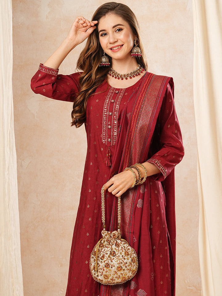 Ethnic Printed Zari & Sequins Embroidered Kurta with Pants & Dupatta - Red