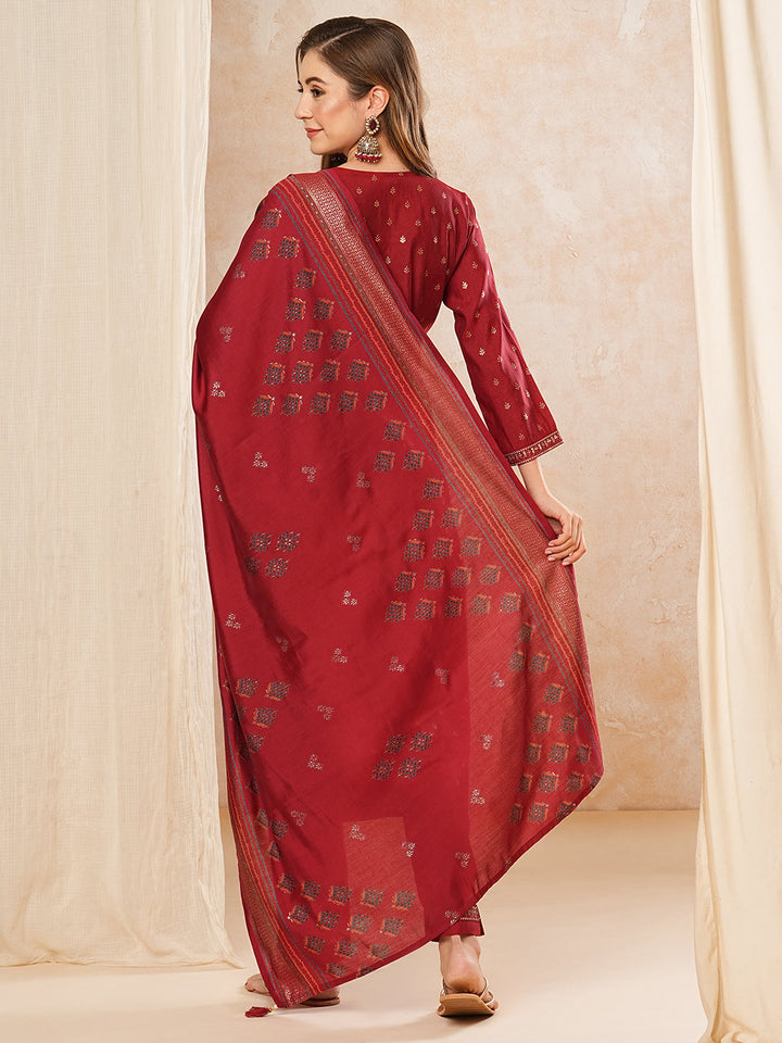 Ethnic Printed Zari & Sequins Embroidered Kurta with Pants & Dupatta - Red