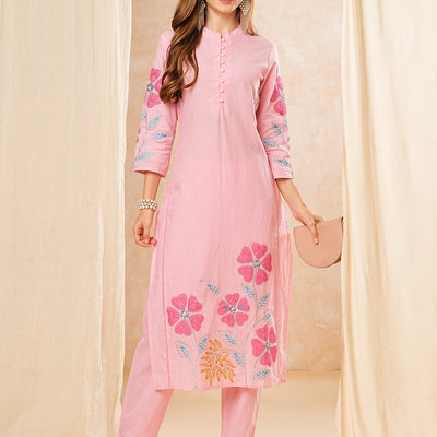 Floral Patch work Embroidered Straight Kurta with Pant - Pink