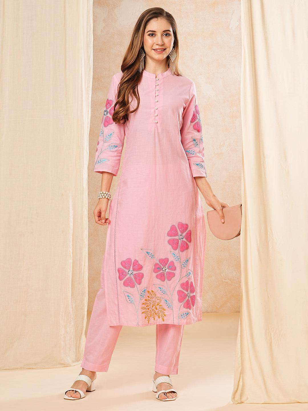 Floral Patch work Embroidered Straight Kurta with Pant - Pink