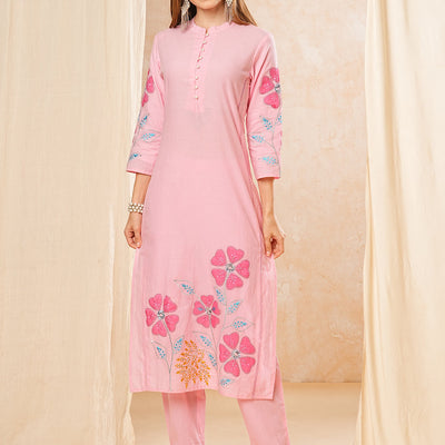 Floral Patch work Embroidered Straight Kurta with Pant - Pink