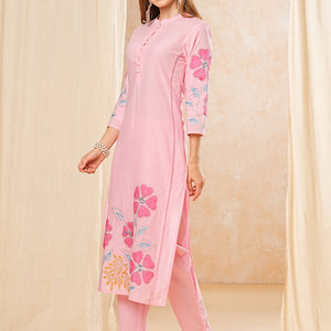 Floral Patch work Embroidered Straight Kurta with Pant - Pink